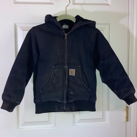 Carhartt YOUTH Distressed Hooded Fall Winter Warm Zip Jacket Black sz Boys XS 6 - Picture 1 of 8